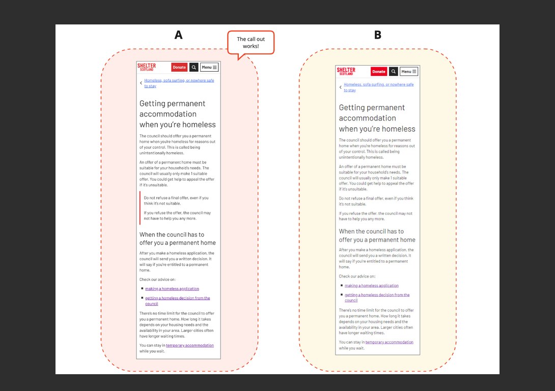 A/B test of an advice page with and without a key information callout