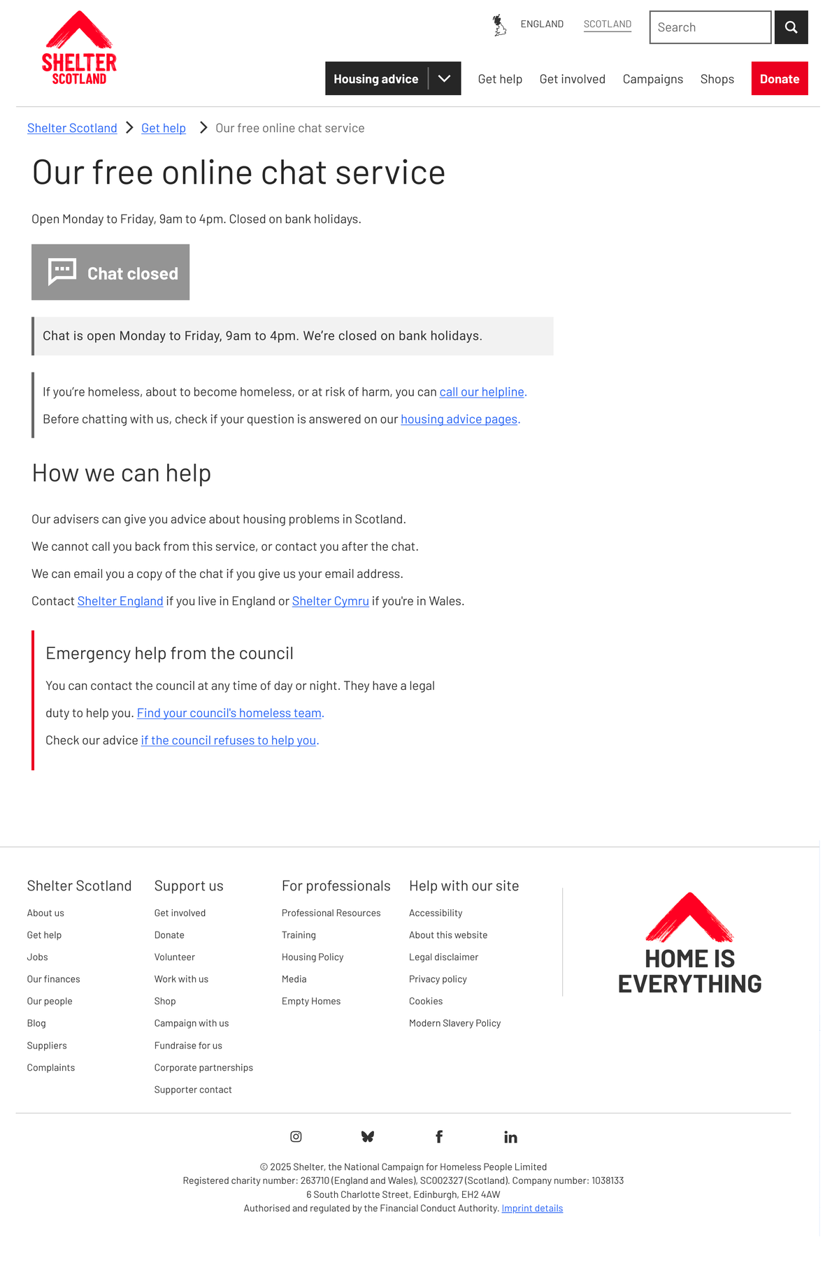 Shelter Scotland’s free online chat service page with the Chat closed button and opening hours beneath it
