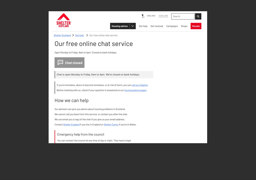 Shelter Scotland online chat page showing the Chat closed button